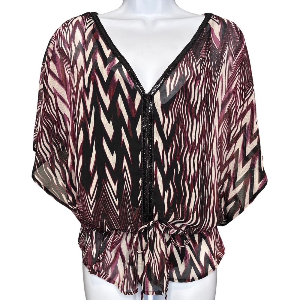 Jonathan Martin‎ Womens Black Burgundy Chevron Sequin Chiffon Dolman Blouse Sz M